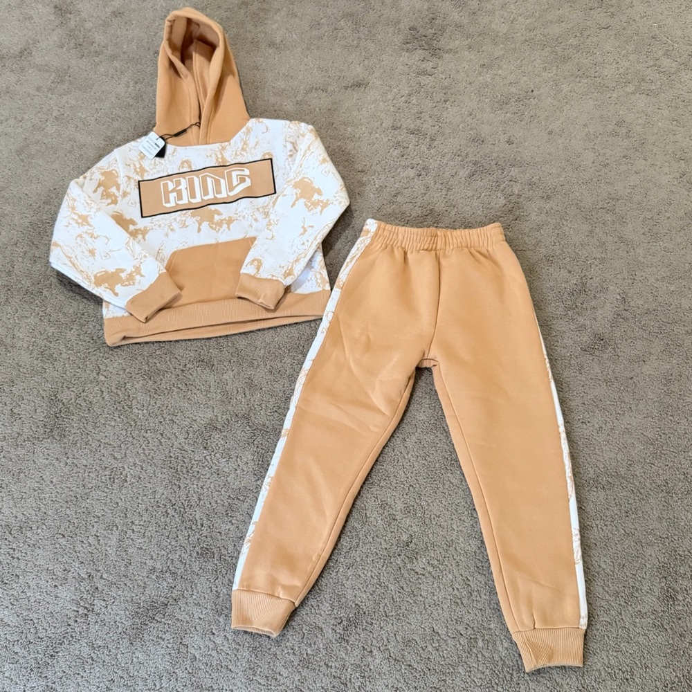 “King” Fashion Nova Kids Tan and White Jogger Set